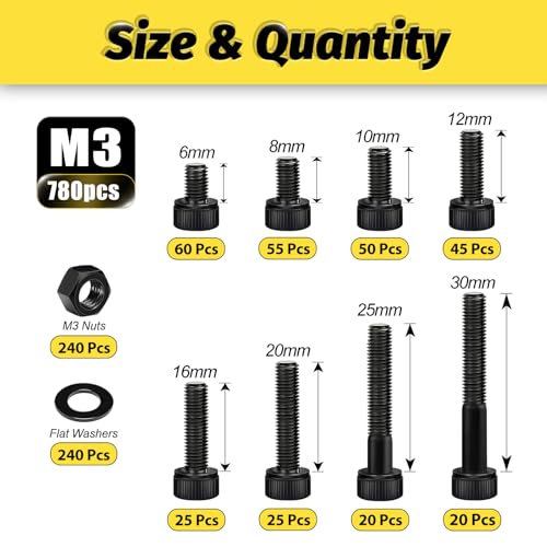 Image of Kadrick M3 Screws Kit 780PCS, Optimized Hex Socket Head Cap Screws Assortment with More Screws & Smarter Size Distribution, Class 12.9 Alloy Steel, Black Zinc Plated M3 Bolts for 3D Printing & DIY