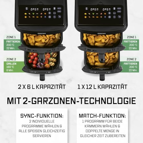 GOURMETmaxx FryUp XL vertikale Doppelkammer Heißluftfritteuse - 12 L | Airfryer mit Multi-Colour LED-Touchdisplay & 12 Programmen | Heissluftfritteuse 2 Kammern mit Oberhitze| SYNC- & MATCH-Funktion 4