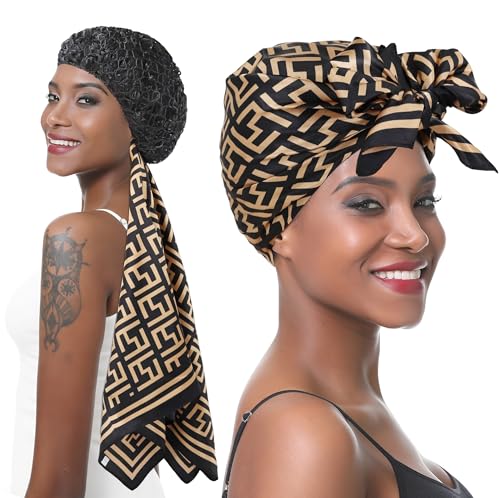 2 in 1 Wrap Cap Hair Net for Silk Press Satin Scarf Hair Net Silk Press Wrap for Women Sleeping Curly Hair Care (grid&net L)
