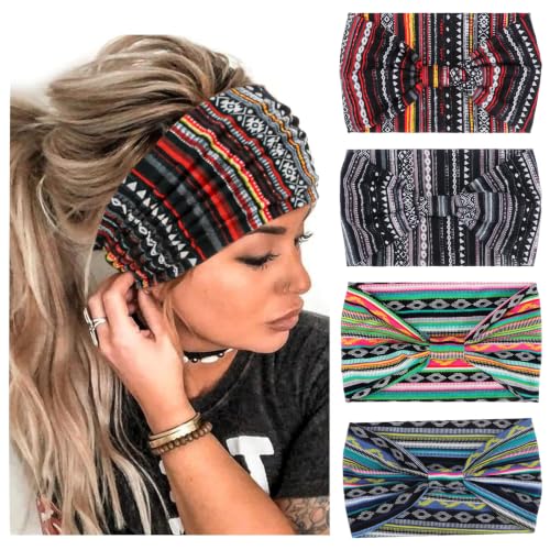 Image of DRESHOW 4 Pack Turban Headbands for Women Wide Vintage Head Wraps Knotted Cute Hair Band Accessories