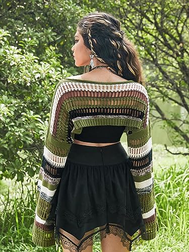 SHENHE Women's Crochet Crop Sweater Long Bell Sleeve Striped Fairy Grunge Knit Sweater Tops2