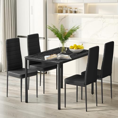 Blishom Esstisch mit 4 Stühlen Esszimmergruppe, Essgruppe Set Tisch und Stühle, Küchentisch mit Stühlen, strapazierfähiges Kunstleder und Rechteckig Holztisch, für Küche, Esszimmer, Wohnzimmer,Schwarz