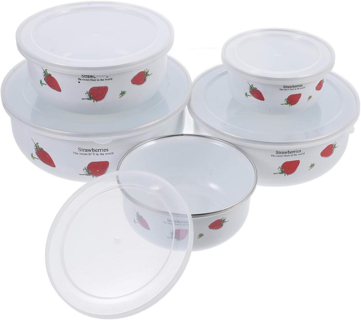 Unomor 5Pcs Enamel Mixing Bowls with Airtight Lids Strawberry Patterned Food Storage Containers for Leftovers Nesting Soup Bowls for Kitchen Camping