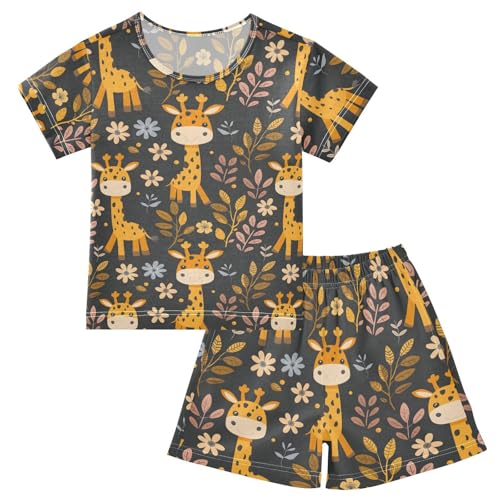 ALAZA Giraffe Flower Floral Pajamas Short Sleeve 2 Piece Sleepwear Top and Bottom Pajama Set Unisex