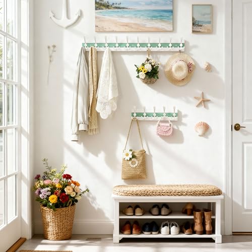 Image of SKOLOO Coastal Wall Mounted Coat Rack - 38-1 /8 inch Beach House Entryway Wooden Coat Hook with 10 Hooks for Hanging Coats, Hats or Towels, Oceanfront Cottage Core Collection, White & Green