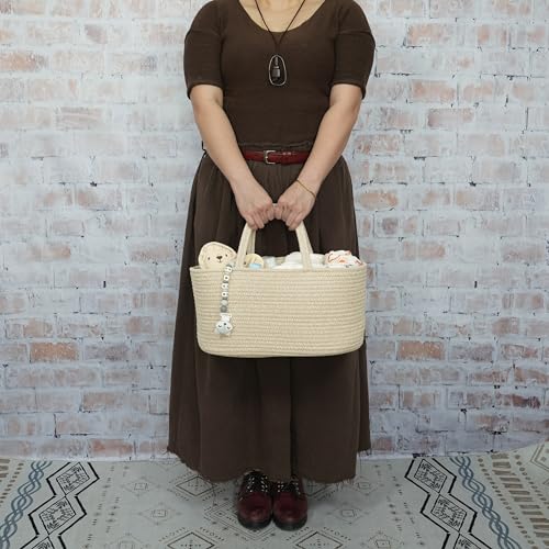 Image of XUANGUO Large Cotton Rope Baby Diaper Caddy Organizer Basket Oatmeal | Nursery Storage Bin, Portable Baby Tote Bag for Changing Table or Car, Baby Shower Gifts Bag, Newborn Essentials, Registry