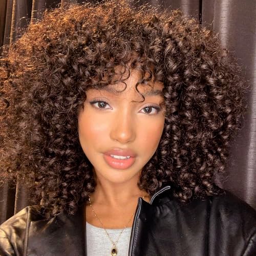 Colorfulpanda   Pelucas afro rizadas color marrón oscuro para mujer, longitud media, pelo sintético natural, peluca rizada afro para disfraz o uso diario