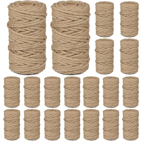 Image of 20Pack 4mm Natural Jute Twine Rope 2400 Feet Twisted Heavy Duty Thick Twine for Cat Scratching Post Tree Craft Projects Garden Home Decoration Packing Bundling (Brown-120Feet /Roll)