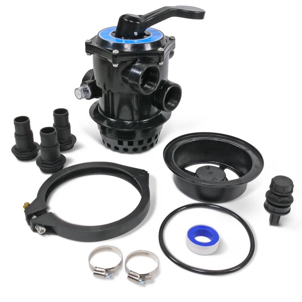 OKU 6-Wege Top-Mount-Ventil Komplett-Set - Ø 177 mm - Inkl. Manometer Spannring O-Ring Schlauchtüllen 32/38 mm Winterablassventil & Sandeinfüllhilfe - Passend für Filterkessel Ø 300/400/500 mm