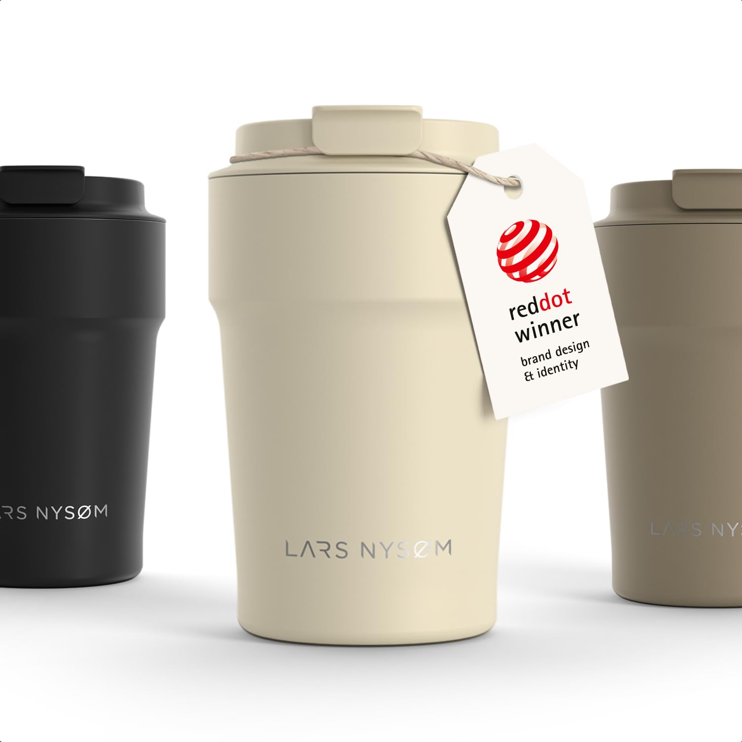 LARS NYSØM Thermo Coffee Mug-to-go 13oz | Travel Mug 0.38 L with Insulation | Silicone Grip Base | Leak Proof Stainless Steel Tumbler for Coffee and Tea on the Go (Almond Beige - Powder, 380ml)