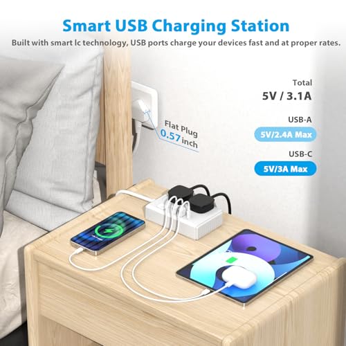 TOPREK 2 Way Extension Lead with USB Slots, 2 AC Outlets + 1 USB-C + 2 USB-A Ports, 1.5m Extension Cable with Switch, Slim Flat Plug (0.57inch) for Home/Office/Travel - Image 2