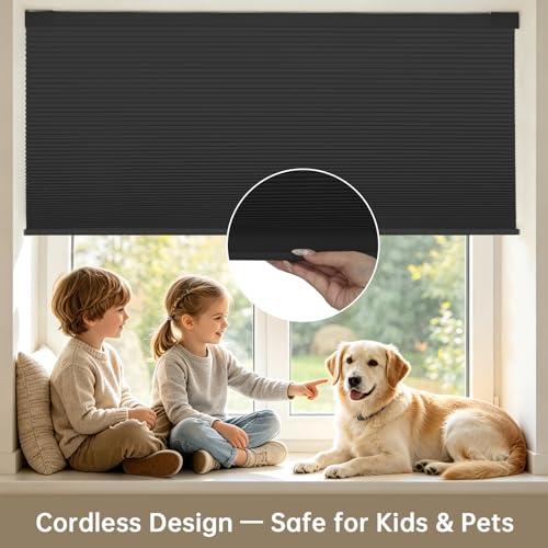 Image of No Drill No Tools Blackout Cellular Shades,Cordless Blinds for Indoor Windows,Room Darkening Window Shades Honeycomb Blinds for Bedroom,Office,Home,Black,20 inch w x 36 inch h