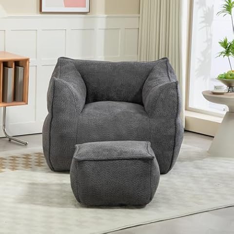 Bean Bag Chair with Ottoman, Comfy Bean Bag Chair for Adults, Teens, Comfy Floor Accent Chair with Memory Foam Filler, Lazy Beanbag Lounger for Living Room, Game Room, Apartment, Dark Gray Boucle Cover