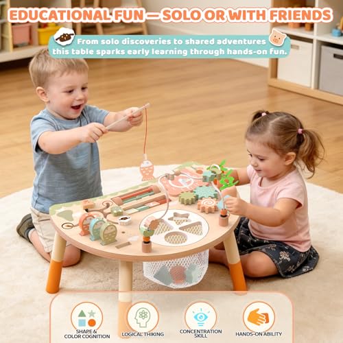 Holz-Aktivitätstisch für Kinder, Baby Montessori Spielzeug 9-in-1 Spieltisch ab 1 2 3 Jahr, Kinderspielzeug Holzspielzeug Activity Tisch ab 12+ Monate, Eburtstag Weihnachten Geschenk 1+ Jahr
