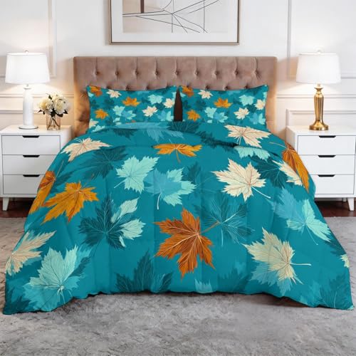 Genérico Edredón Invierno 240x260cm Hojas Azules Hojas De Arce Edredón Nórdico Acolchado Suave Cálido y Transpirable con 2 Fundas Almohada 50x70cm, Lavable, 4 Estaciones