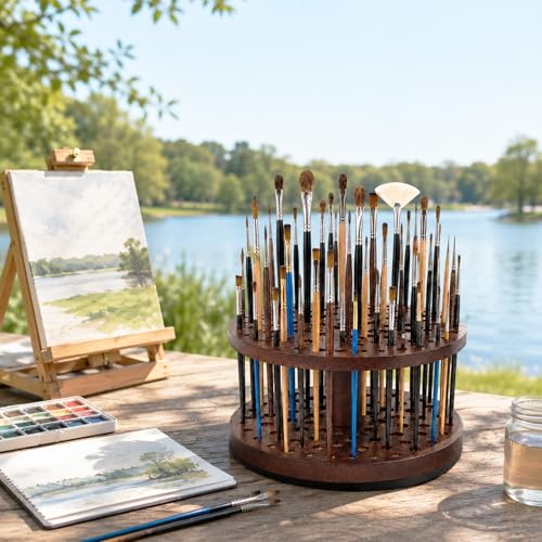 Image of Solid Wood 360 Spinning Paint & Makeup Brush Organizer