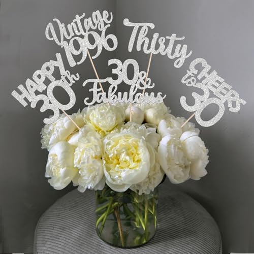 Image of 15 PCS 30th Birthday Centerpiece Sticks Thirty Happy 30 Vintage 1996 Table Flower Centerpieces Sticks Cheers to 30 Fabulous Floral Decorations for 30th Birthday Party Supplies Silver