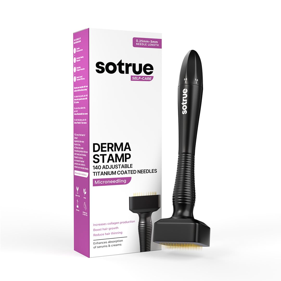 Sotrue Derma Microneedling Stamp for Hair Growth, Titanium Coated Adjustable Needles 0.25mm to 3mm, 140 Stamp for Skin Repair, Face, Hair & Beard Growth, Safe & Effectiv - Derma Roller Alternative