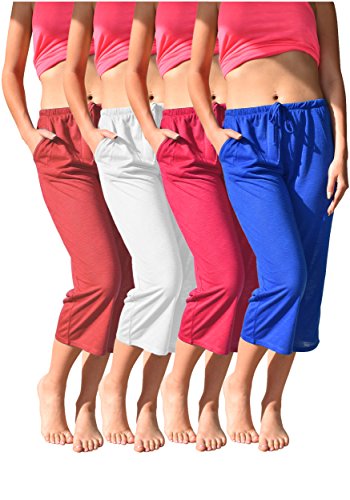 Women's 4 Pack Casual Active Relaxed Flowy Fit Capri Semi Sheer Cropped Bermuda Short Pants (4 Pack - White/Fuschia/Coral/Royal, Medium)