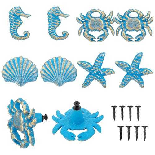 Zonon 8 Pcs Coastal Nautical Cabinet Knobs Beach Ocean Themed Drawer Knobs Starfish Seashell Seahorse Crab Cabinet Pulls & Handle Metal Knob for Dresser Cupboard Wardrobe (Blue)