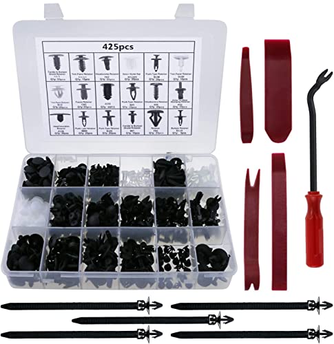 Fixget Caja de Herramientas Zexuan, 425 Unidades, Abrazaderas para Paneles de Puerta, Clips para fijación de Parachoques, Set para automóvil con Herramientas de extracción, 22,5 cm, Color Negro