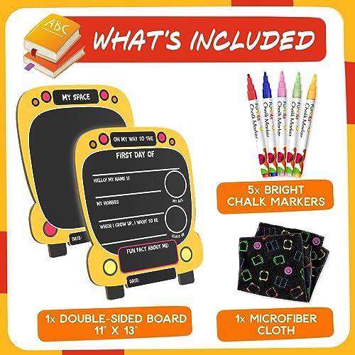 First Day School Board for Kids (11 x 13) - Kids Drawing Chalkboard | My Back to School Sign for Toddlers, Special Moments Photo Prop, Gifts for Ages 3, 4, 5, 6, 7 + 5 Chalk Pens
