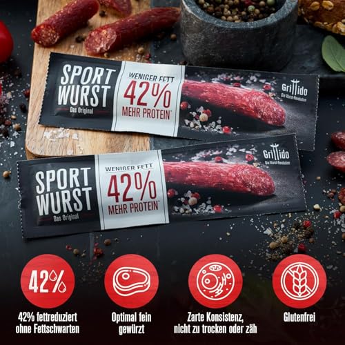 Grillido Original Sportwurst 25x25g (625g) mit knackiger Konsistenz - Pork Jerky Low Fat mit 42% Eiweiß - Geschenke für Männer, Pork Jerky, Bacon Snack, Protein Snacks ohne Zucker, Snacks gesund