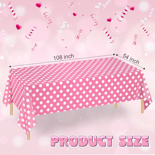 Image of WNINK 4 Pack Pink and White Polka Dot Tablecloths - Pink Disposable Plastic Waterproof Table Cover, 54 inch x 108 inch, for Birthday, Wedding, Bridal Shower, Bachelor, Pink Girl Party, and Picnic