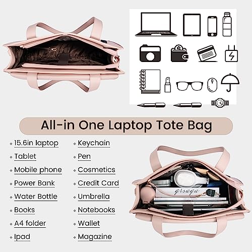 Image of LOVEVOOK Laptop Bag for Women 15.6 Inch Laptop Tote Work Professional Leather Computer Briefcase Waterproof Handbag Shoulder Large Capacity Business Teacher Office Bag Crossbody Purse,Pink