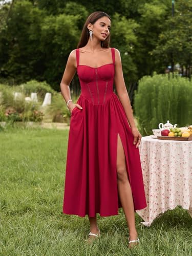 Image of KUTUMAI Floral Corset Midi Dress Flowy Slit Summer Spring Wedding Guest Dresses for Women Sundress with Pockets