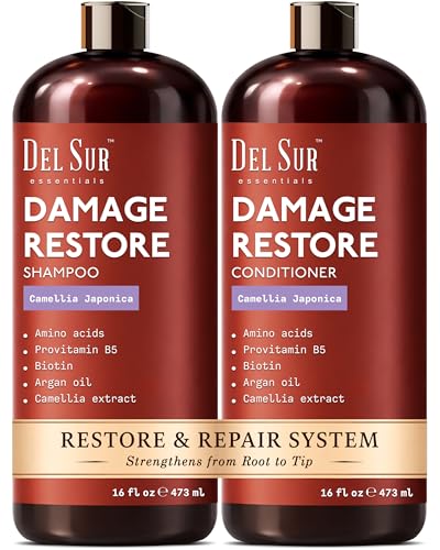 DEL SUR Hair Repair Shampoo and Conditioner Set | 16 fl oz Each | with Camellia Japonica, Amino Acids, Biotin & Argan Oil | Moisturizing Strength & Damage Repair for Dry, Damaged Hair