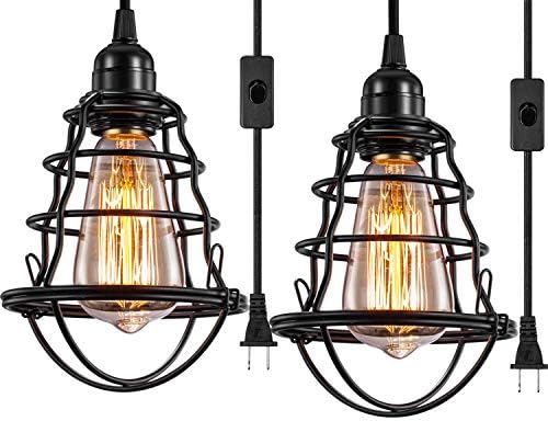 Industrial Plug in Pendant Light Vintage Hanging Cage Pendant Lighting E26 E27 Mini Pendant Light Edison Plug in Light Fixture On/Off Switch 2 Pack