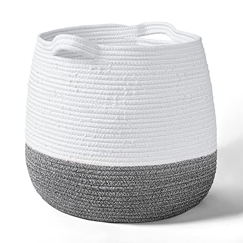 Image of LA JOLIE MUSE 15” Large Cotton Rope Storage Basket with Handles, Versatile Organization and Storage Bin Organizer, Natural and Safe for Baby and Kids, 15”H*14.2”D, White & Gray