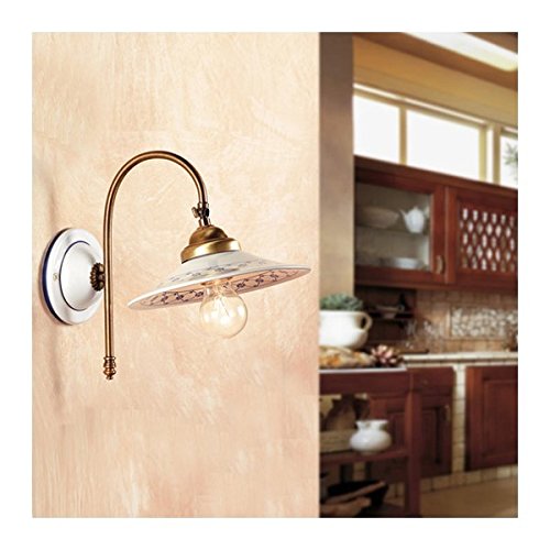 Applique Da Parete In Ottone Brunito Stile Liberty Con Paralume In Ceramica Verde E Bianco, Lampada Orientabile Per Interni, Made In Italy, Attacco E14