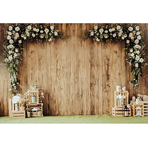 Xiaoterna 3x2m Toile de Fond Fleur Blanche Toile de Fond Rustique pour Photos de Mariage et d'anniversaire Fond Photographique Mural en Bois avec Fleurs...
