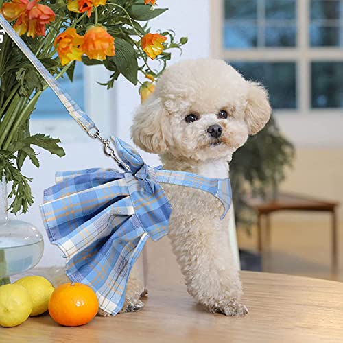 Image of KUTKUT Polyester Plaid Dog Dress Bow Tie Harness Leash Set Harness Dress For Small Dogs Cute Dog Pet Girl Puppy Summer Clothes For Female Dogs (Size: Xl,Adjustable Bust: 50Cm,1 Count)