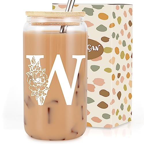 Image of Coolife Initial Glass Cup, Monogrammed Gifts for Women, 16 oz Tumbler w /Lid | Iced Coffee Smoothie Beer Tumbler w /Straw Lid - Personalized Christmas, Birthday Gifts for Woman Her Mom Friend