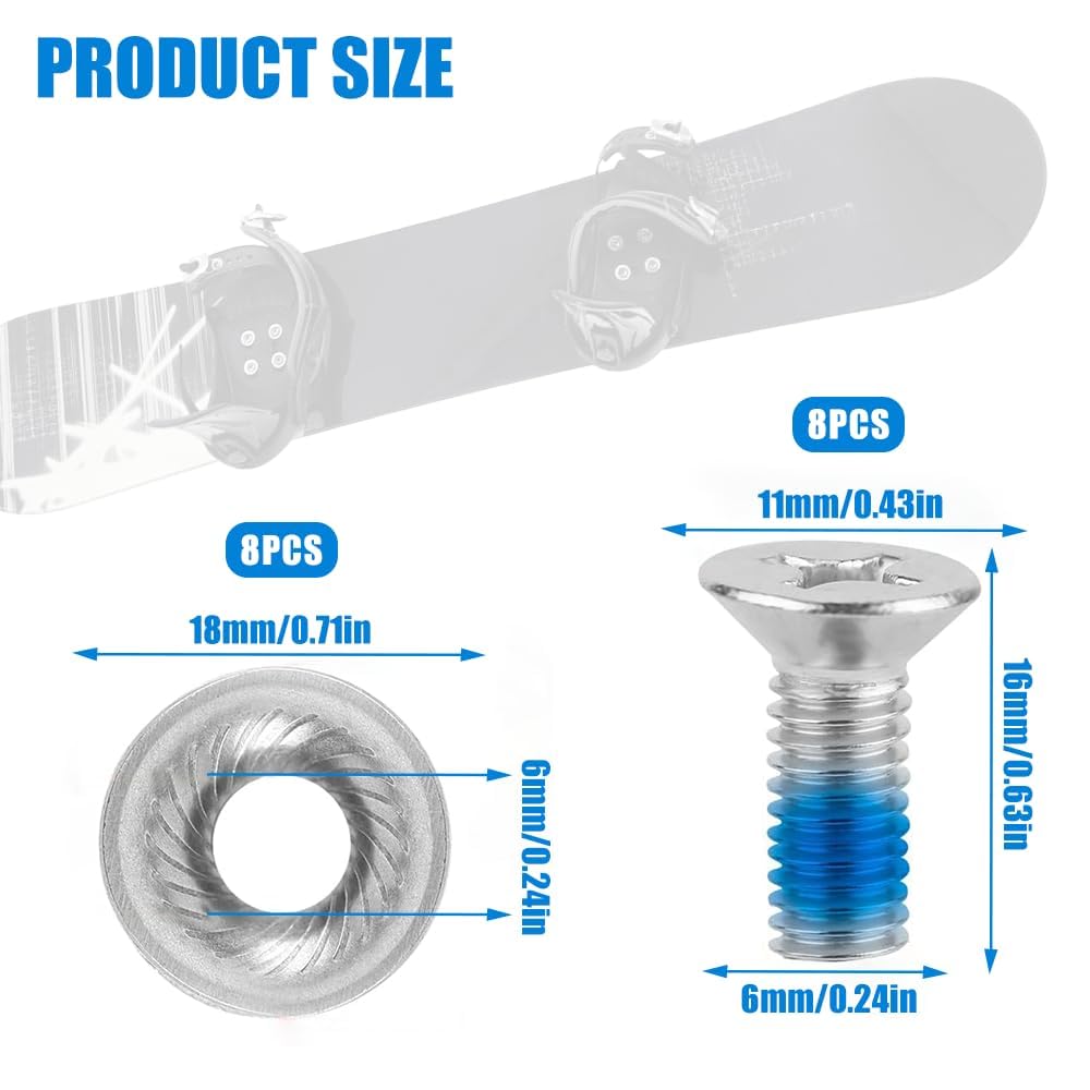 Tornillos de fijación Snowboard Acero Inoxidable M6 x 17 mm Cabeza avellanada con Arandelas Juego 16