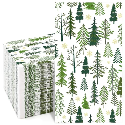 Homlouue 100 servilletas de Navidad desechables, 3 capas, color verde, con diseño de árboles de Navidad, servilletas de papel de Navidad para baño, servilletas de cena desechables para decoración de