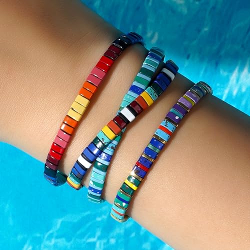 Sonateomber Colorful Tila Flat Beads Stretch Bracelets for Women, Trendy Unique Handmade Stackable Blue Green Mixed Colorful Square Beaded Link Bracelet Summer Jewelry Gift3