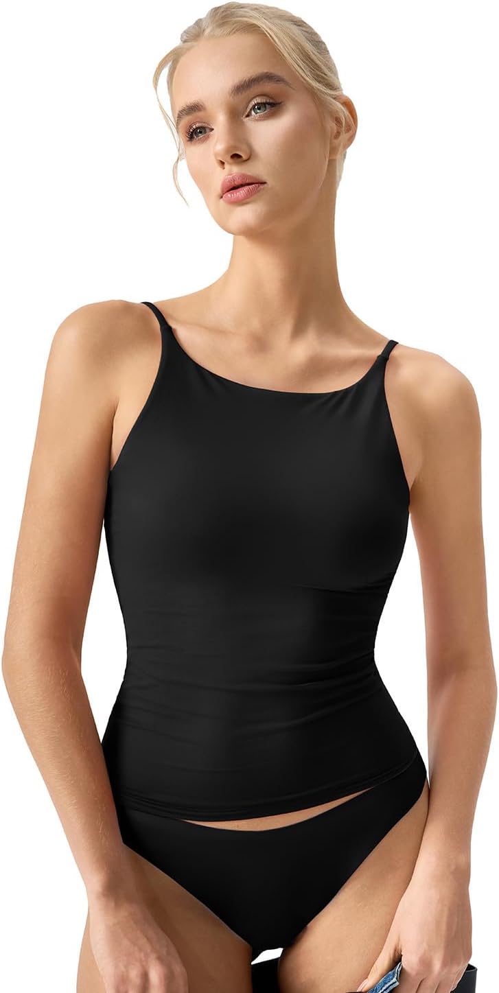 QINSEN Womens Double Lined Tank Tops Boat Neck Adjustable Spaghetti Straps Bodycon Camisole Shirts - Image 3