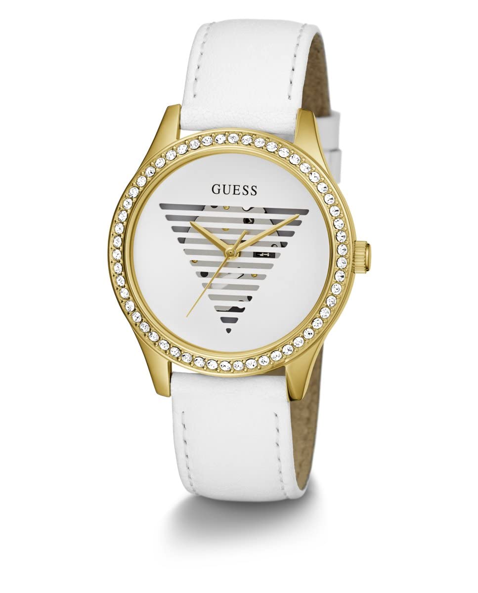 GUESS Reloj para Mujer de 38 mm, Correa Blanca, Esfera Blanca, Caja Dorada