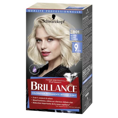 Schwarzkopf - Brillance - Coloration Cheveux Permanente Intense 2 en 1 - Eclat Diamant - Eclaircit jusqu’à 9 tons - Blond Lumineux - Anti-reflets jaunes - Blond Clair Polaire 801