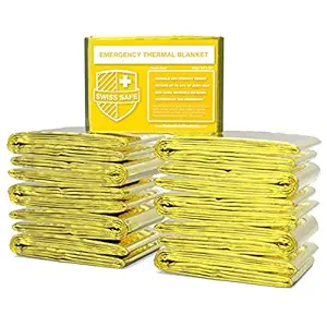 Swiss Safe Emergency Mylar Thermal Blankets (Bulk 10pk, 25pk) - Designed for NASA, Outdoors, Hiking, Survival, Marathons or First Aid (Gold Color)