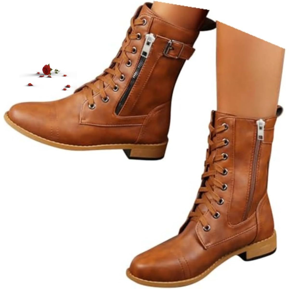 Womens Round Toe Side Zipper Leather Orthopedic Boots Lace-Up Combat Boot Side Zipper Ankle Cuff Low Heel Military