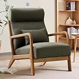 INZOY Mid Century Modern Accent Chair with High Back, Upholstered Living Room Chairs with Waist Cushion, Wood Frame Reading Armchair for Bedroom Sunroom, Green