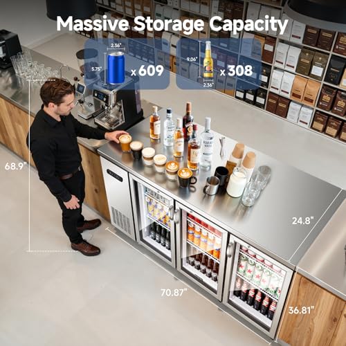 Image of BODEGACOOLER Commercial Back Bar Refrigerator with 3 Glass Door, 20.5 Cu.Ft Beverage Cooler for Beer, Soda, Wine with LED Display & SUS 304 Stainless Steel Exterior