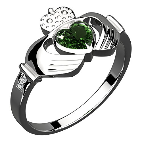 Bague Claddagh argent couronne cœur vert émeraude femme boîte cadeau