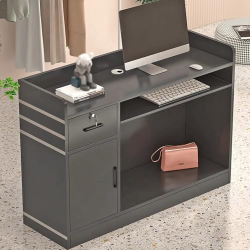 Escritorio de recepción con cerradura con armario y bandeja para teclado, moderno mostrador de tienda y muebles de oficina, 80 x 40 x 92 cm (negro)   Perfecto para profesionales y negocios