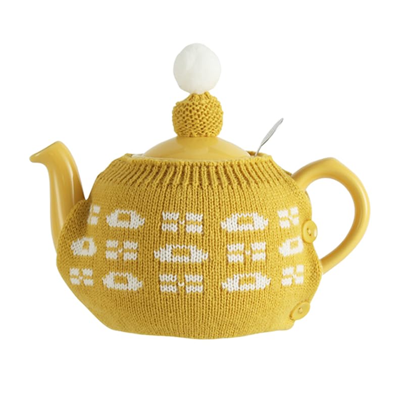 Knitted Teapot Cozy, 2-Piece Split Design with Button Fastening, Acrylic Insulated Teapot Cover for 2 Cup 15-20 oz Teapots, British Style Decorative Tea Warmer, 9 Patterns Available，YELLOW